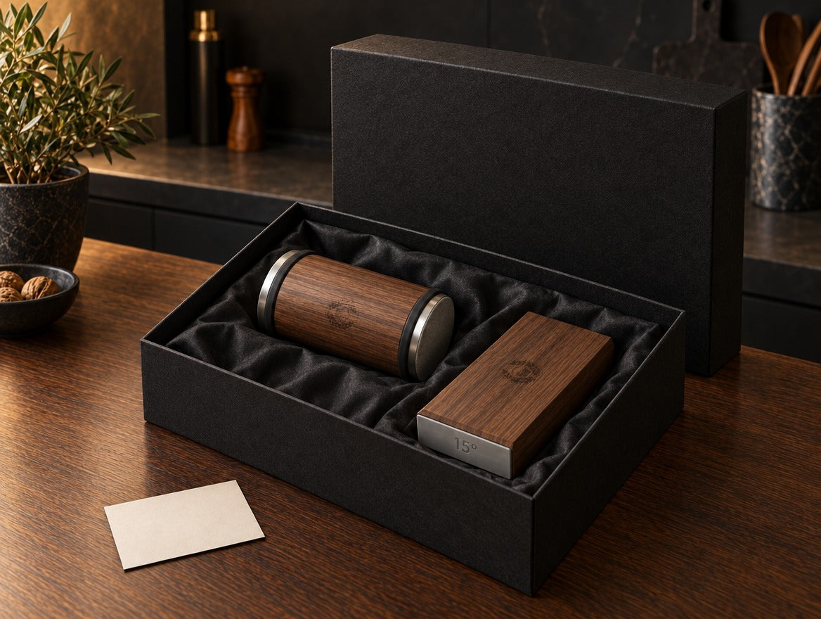 Coffret cadeau noir ouvert avec l’aiguiseur à rouleau et son support aimanté